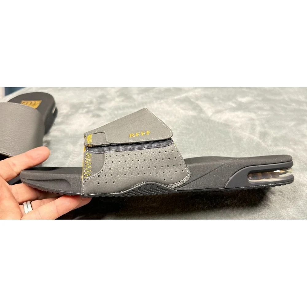 Reef Fanning Slide Sandals Mens 12 Gray Yellow Bottle Opener Slides